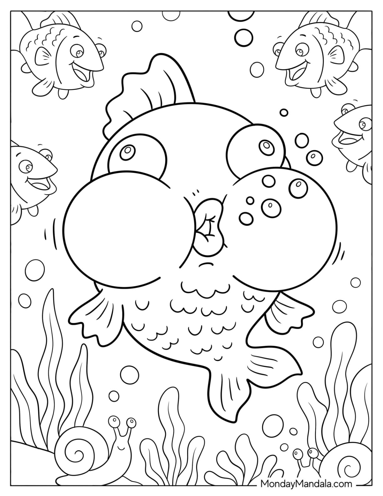 Goldfish Coloring Page Blowing Bubbles with Cheeks Puffing Underwater for Kids