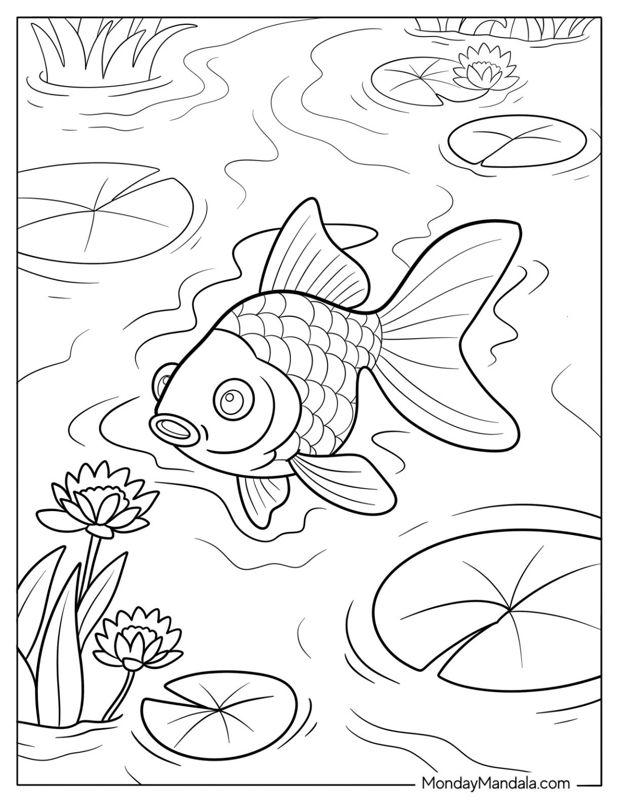 Fish Coloring Page of Goldfish Swimming Among Lily Pads