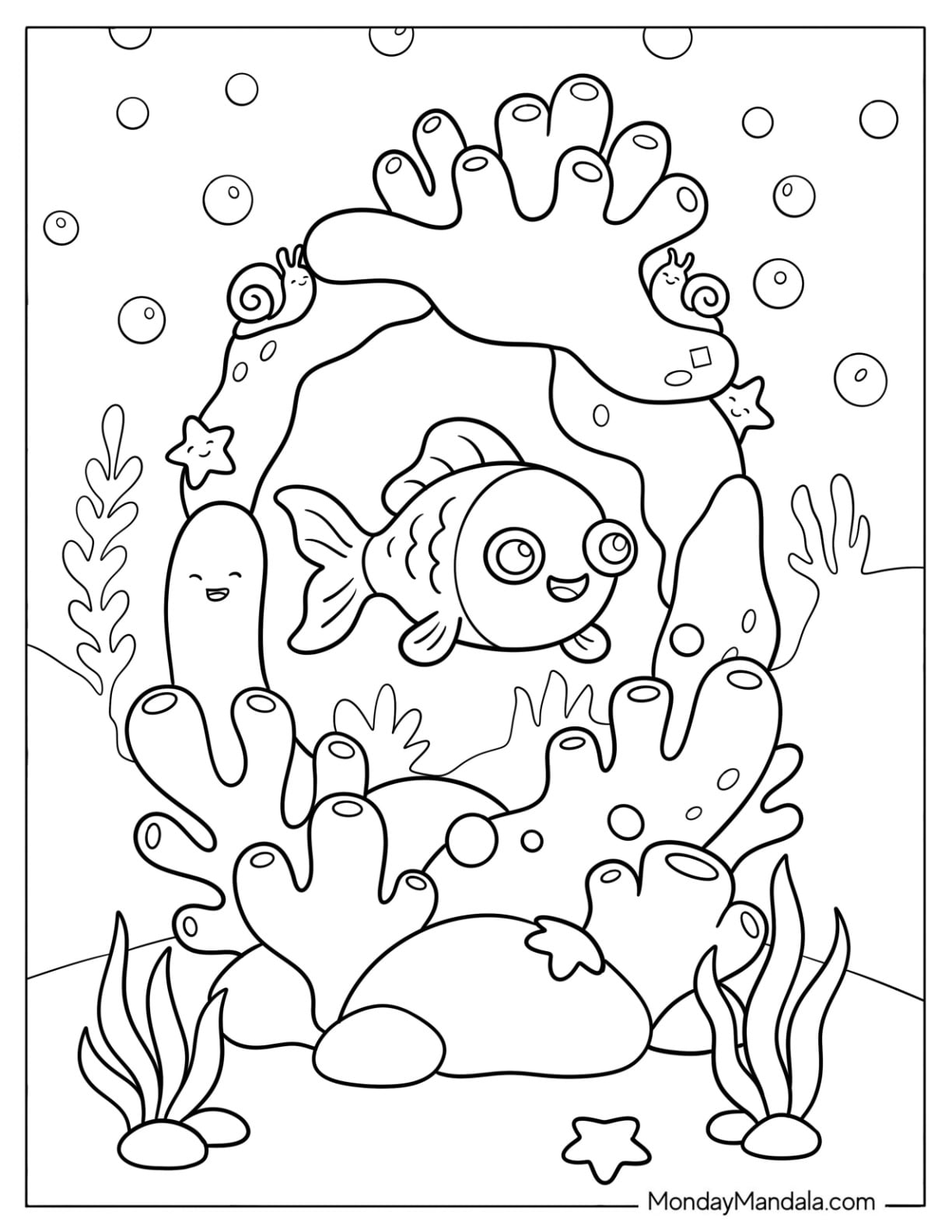 Goldfish Coloring Page Swimming Through Coral Reef with Bubbles for Kids