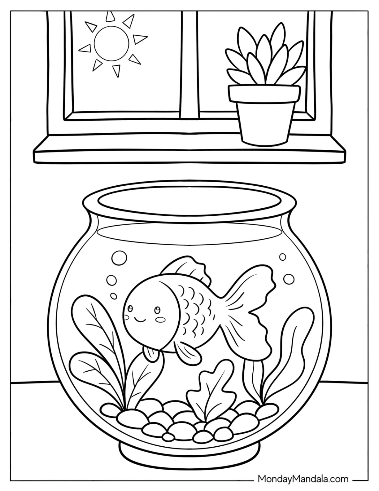 Goldfish Coloring Page Swimming in a Bowl with Plants by a Window for Kids
