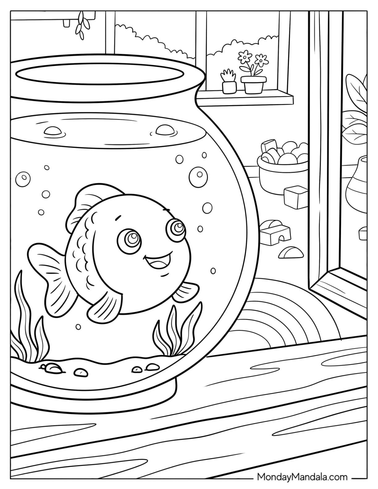 Goldfish Coloring Page Swimming in a Fishbowl by a Window