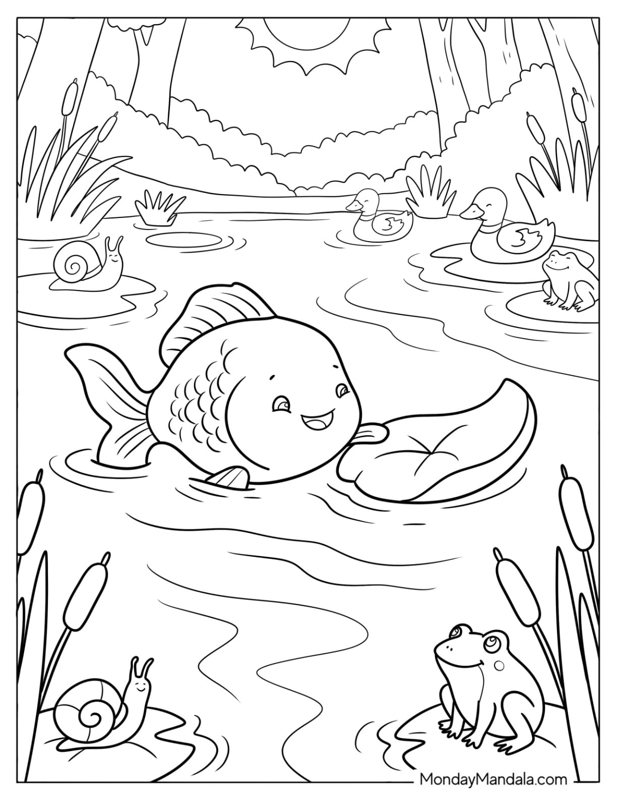 Goldfish Coloring Page Swimming in a Pond with Ducks and Frogs