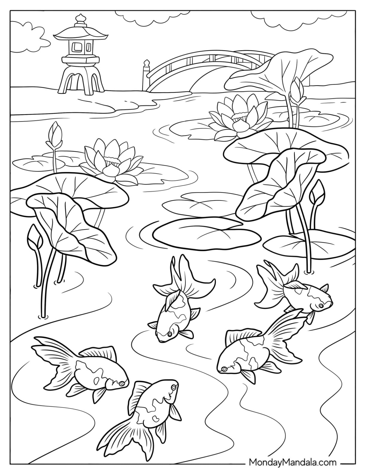 Goldfish Coloring Page Swimming in an Japanese Pond