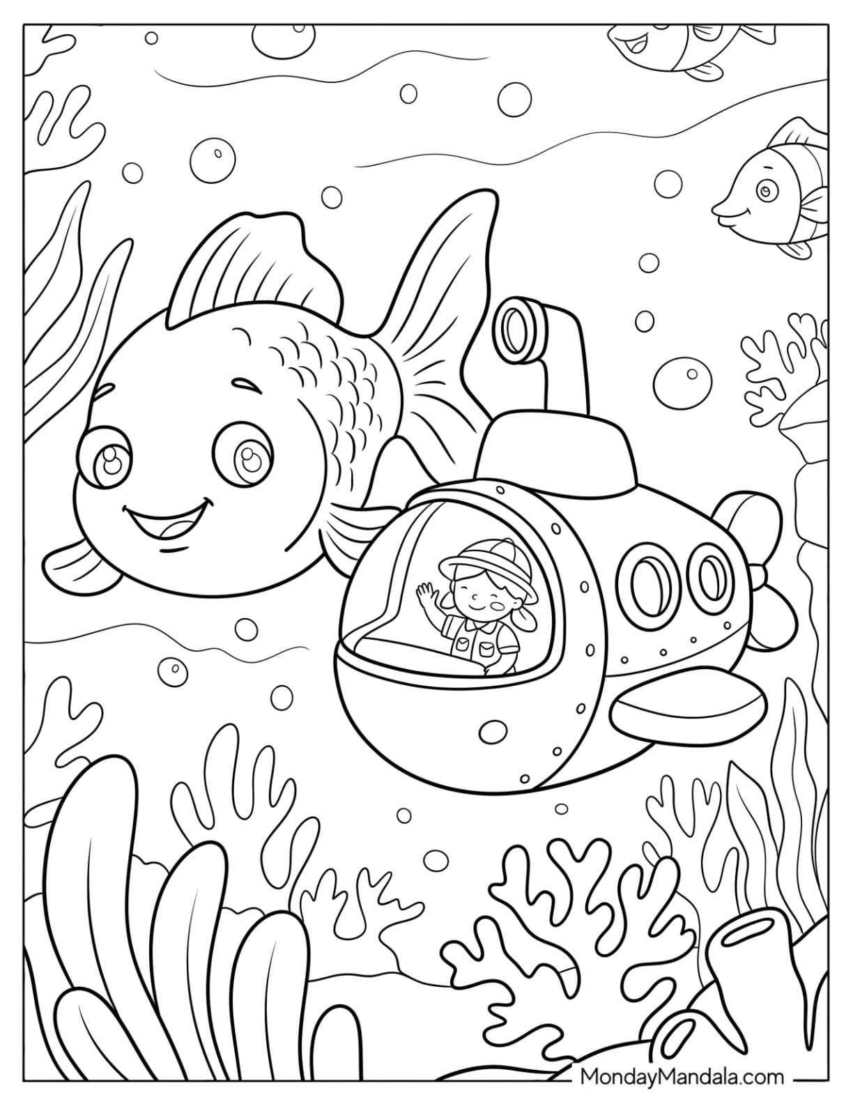 Goldfish Coloring Page Swimming with a Submarine Underwater