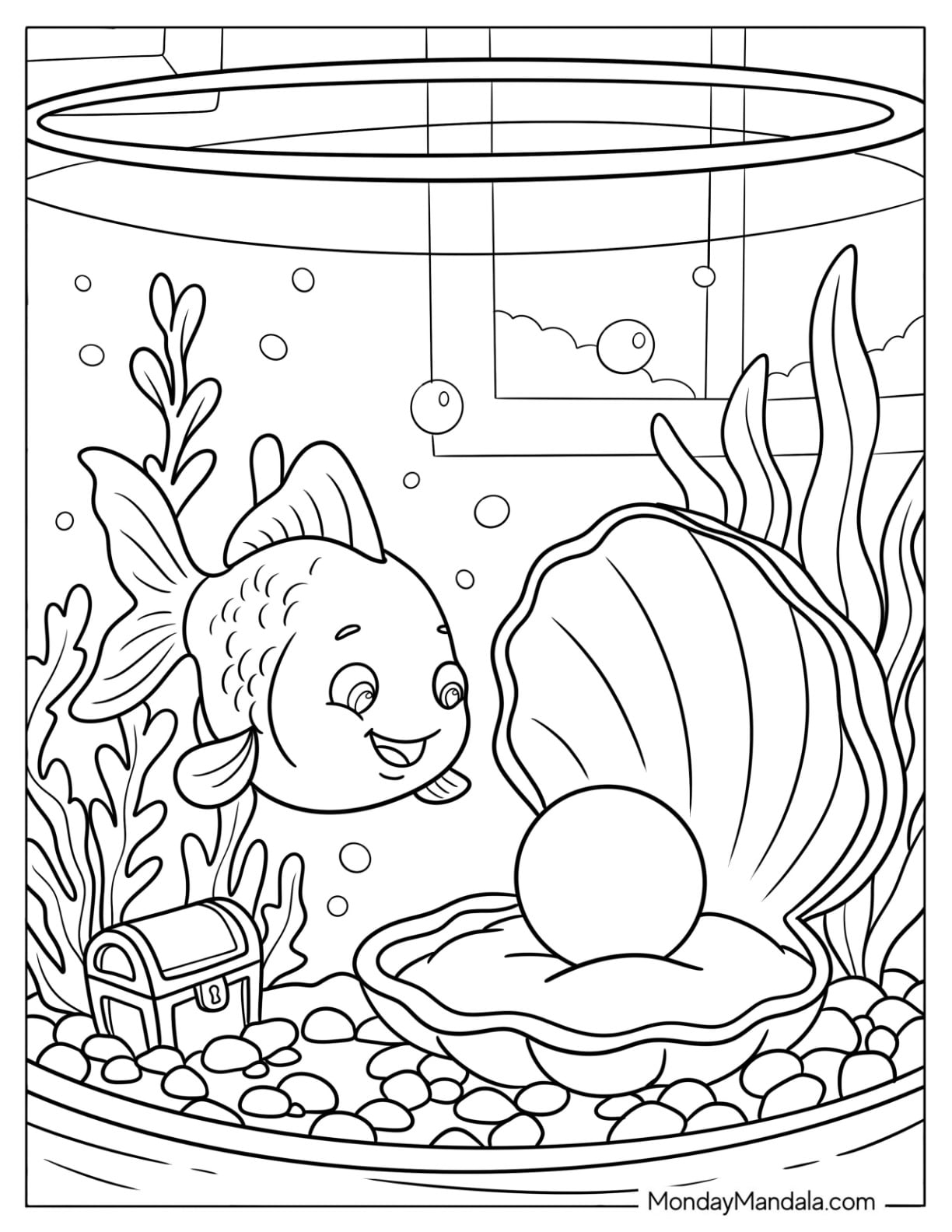 Goldfish Coloring Page and Pearl in a Clam Inside a Fishbowl