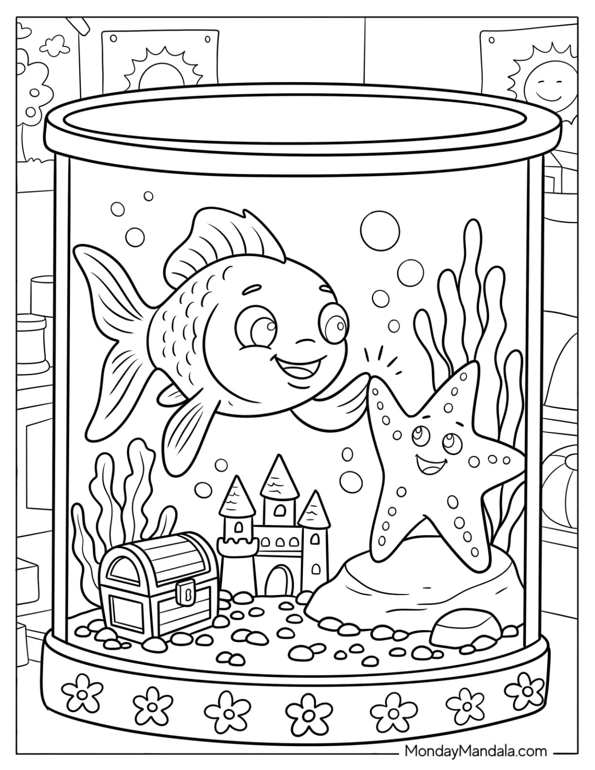 Goldfish Coloring Page and Starfish Inside a Fishbowl with Treasure and Castle