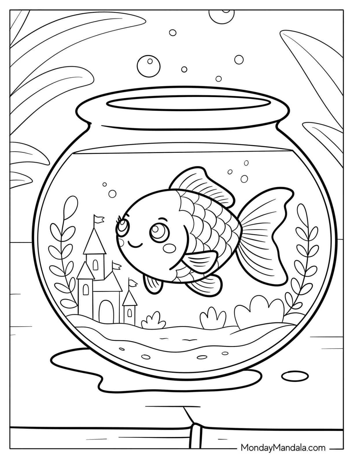 Fish Coloring Page of Goldfish in Fishbowl with Castle and Bubbles