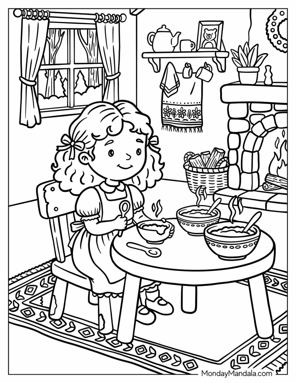 Goldilocks Tasting the Three Bears’ Porridge Coloring Sheet