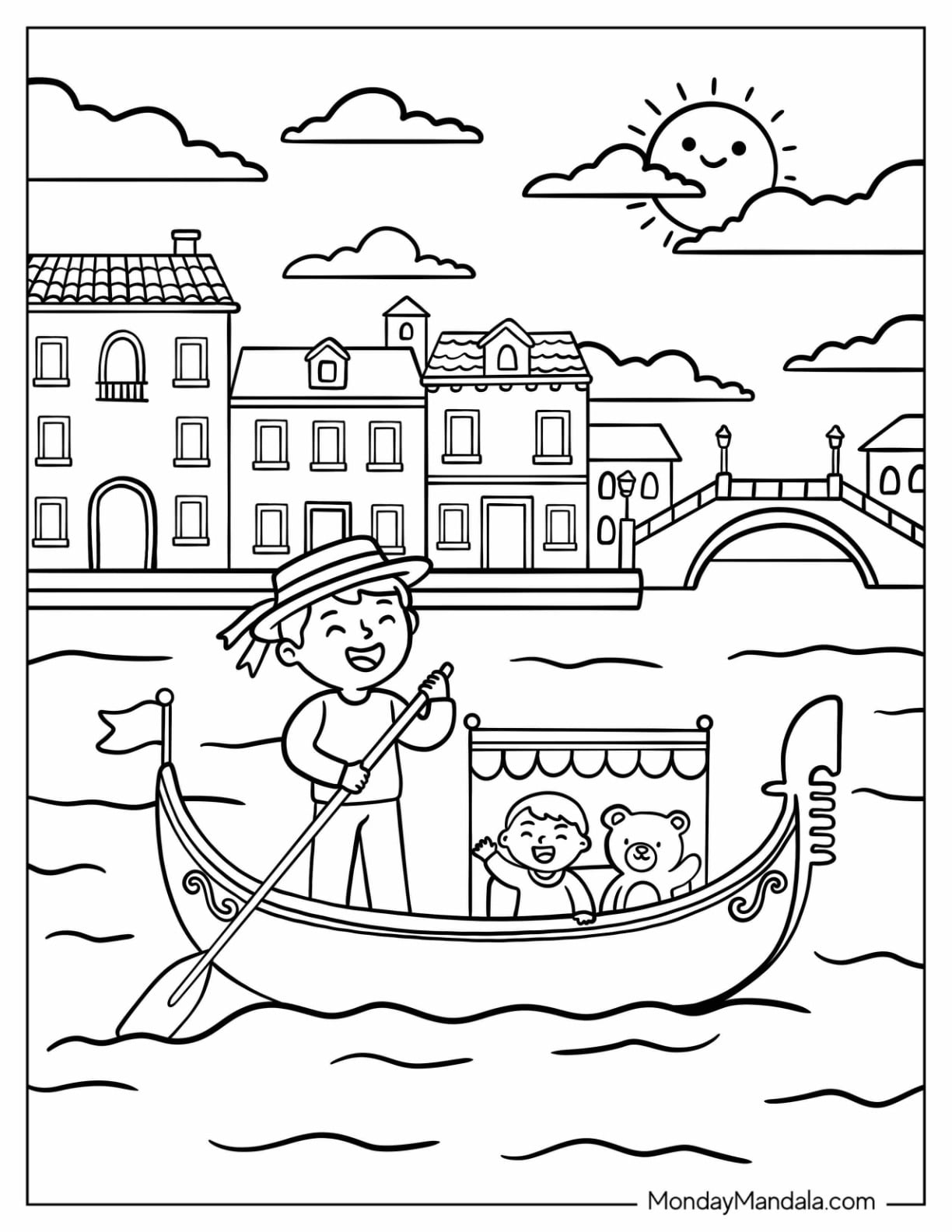 Italy Coloring Page of Gondola Ride Through Venice Canal with Bridge