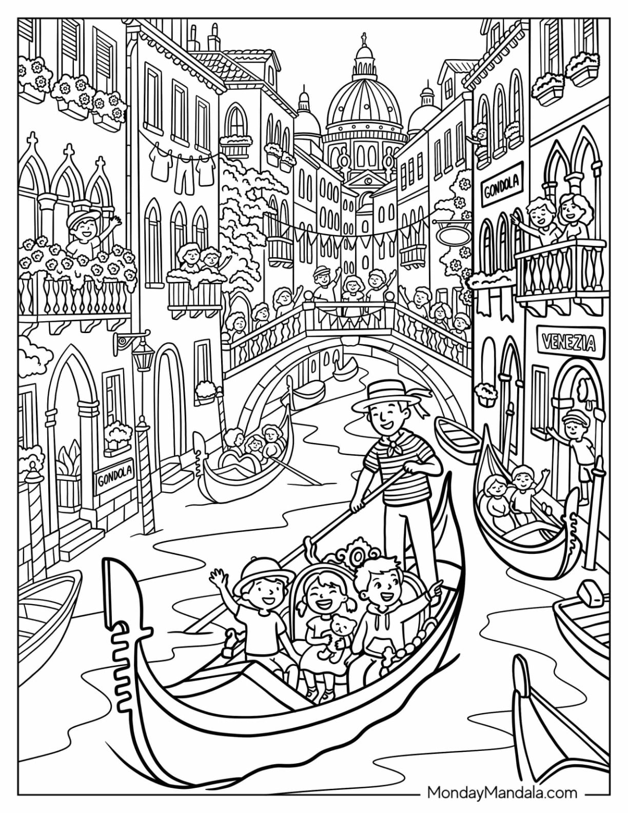 Italy Coloring Page of Gondola Ride Through a Venice Canal