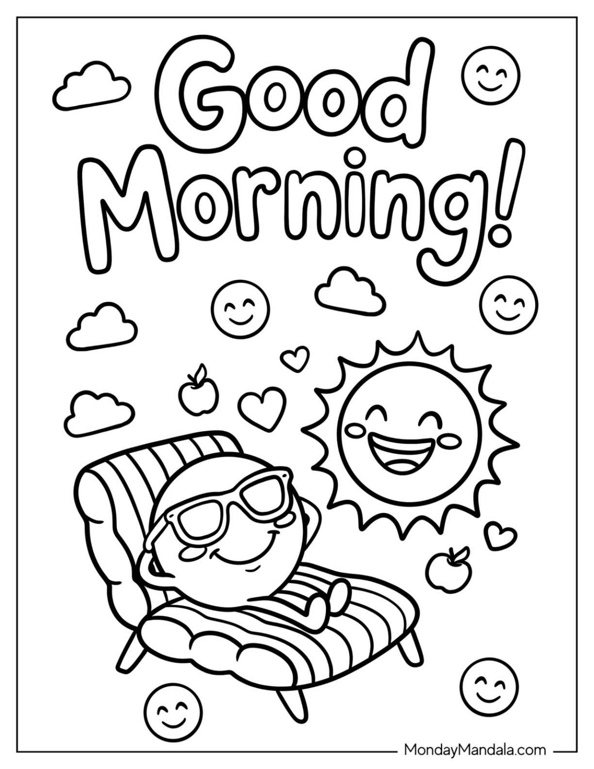 Good Morning Emoji Coloring Page Relaxing in a Lounge Chair for Kids