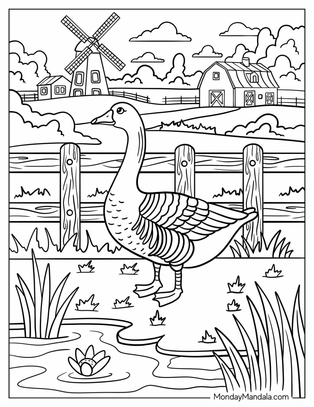 Farm Animal Coloring Page of Goose Standing in Marshy Grass Near Fenced Pasture