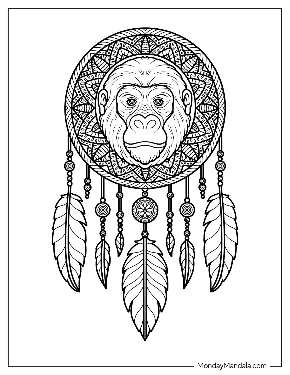 Gorilla Coloring Page Face Inside a Detailed Dreamcatcher