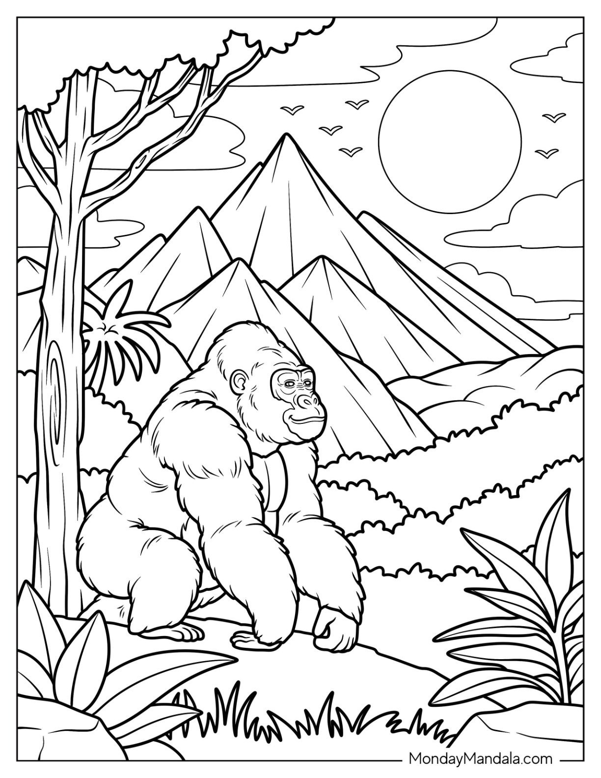 Gorilla Coloring Page Sitting Peacefully in a Mountain Jungle View