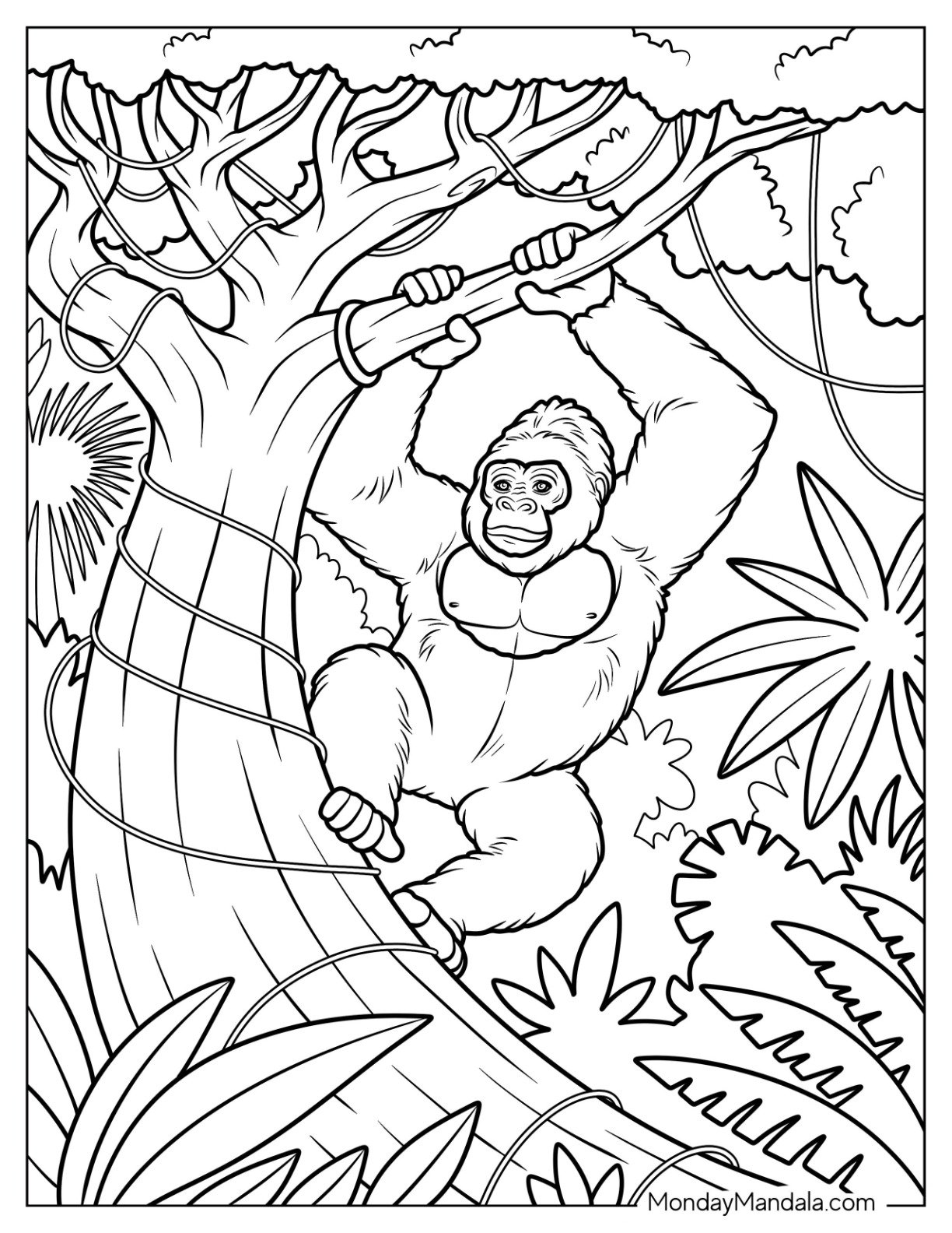Gorilla Coloring Page Swinging on a Tree in the Jungle