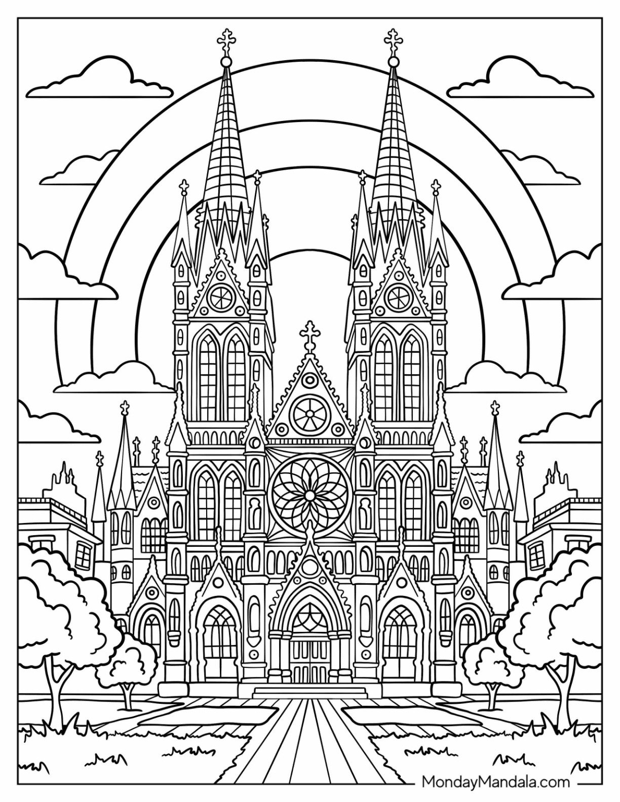 Gothic Cathedral Church Coloring Page with Rainbow and Twin Spires