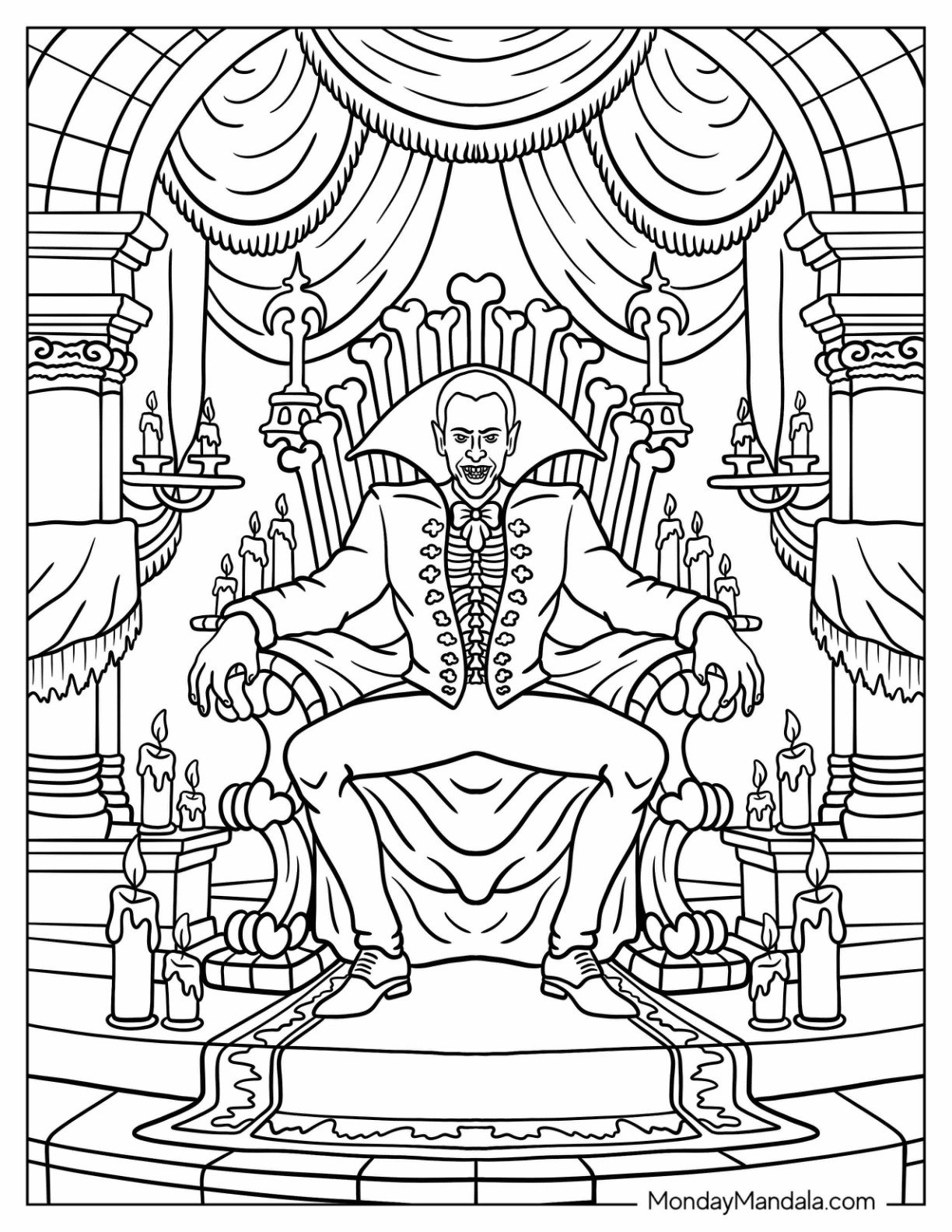 Gothic Dracula in an Ornate Candlelit Throne Room Halloween Coloring Page for Adults
