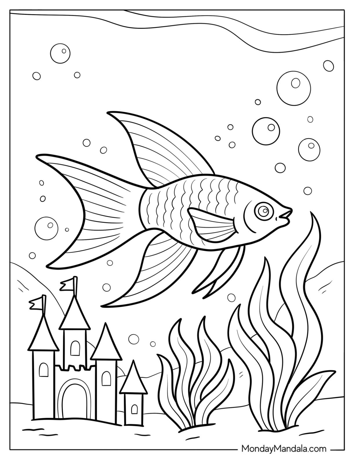 Fish Coloring Page of Graceful Angelfish Swimming Near Castle Aquarium Decor