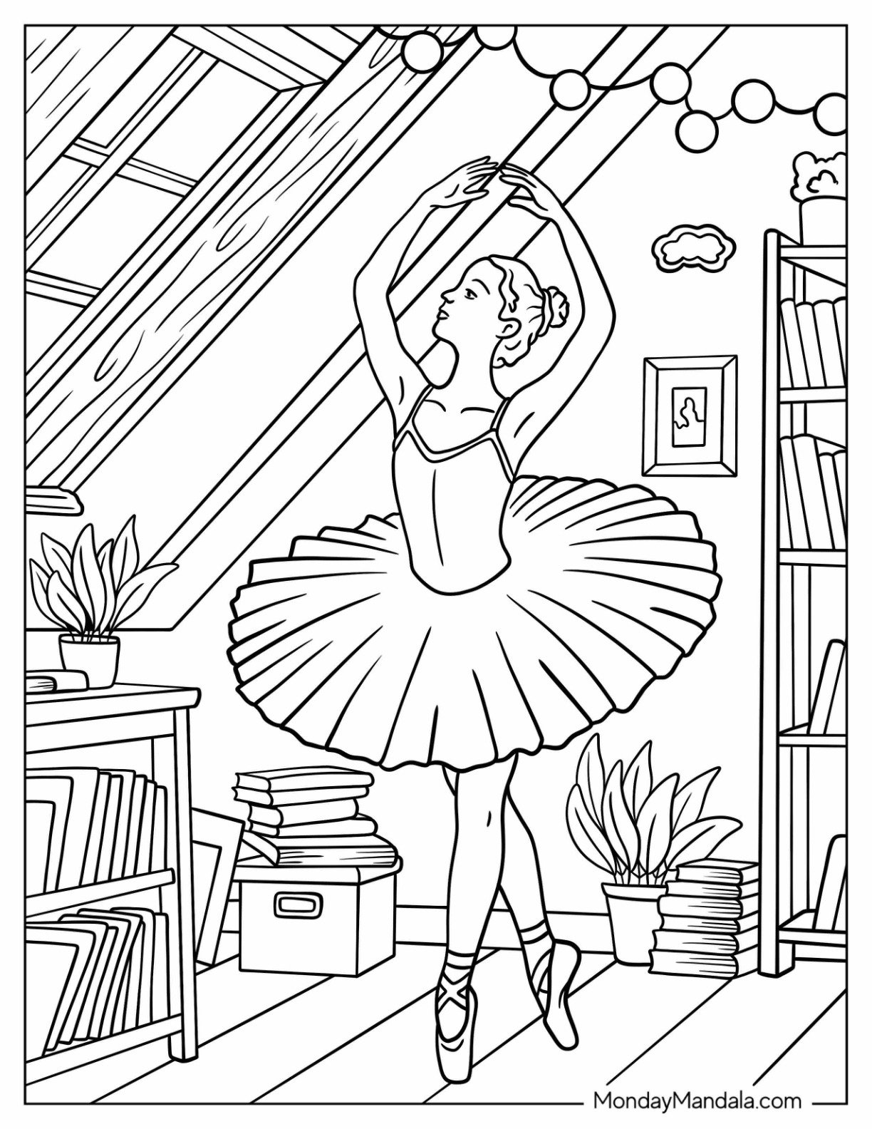 Dancing Coloring Page of Graceful Ballet Dancer Practicing Pirouette in a Cozy Attic Studio