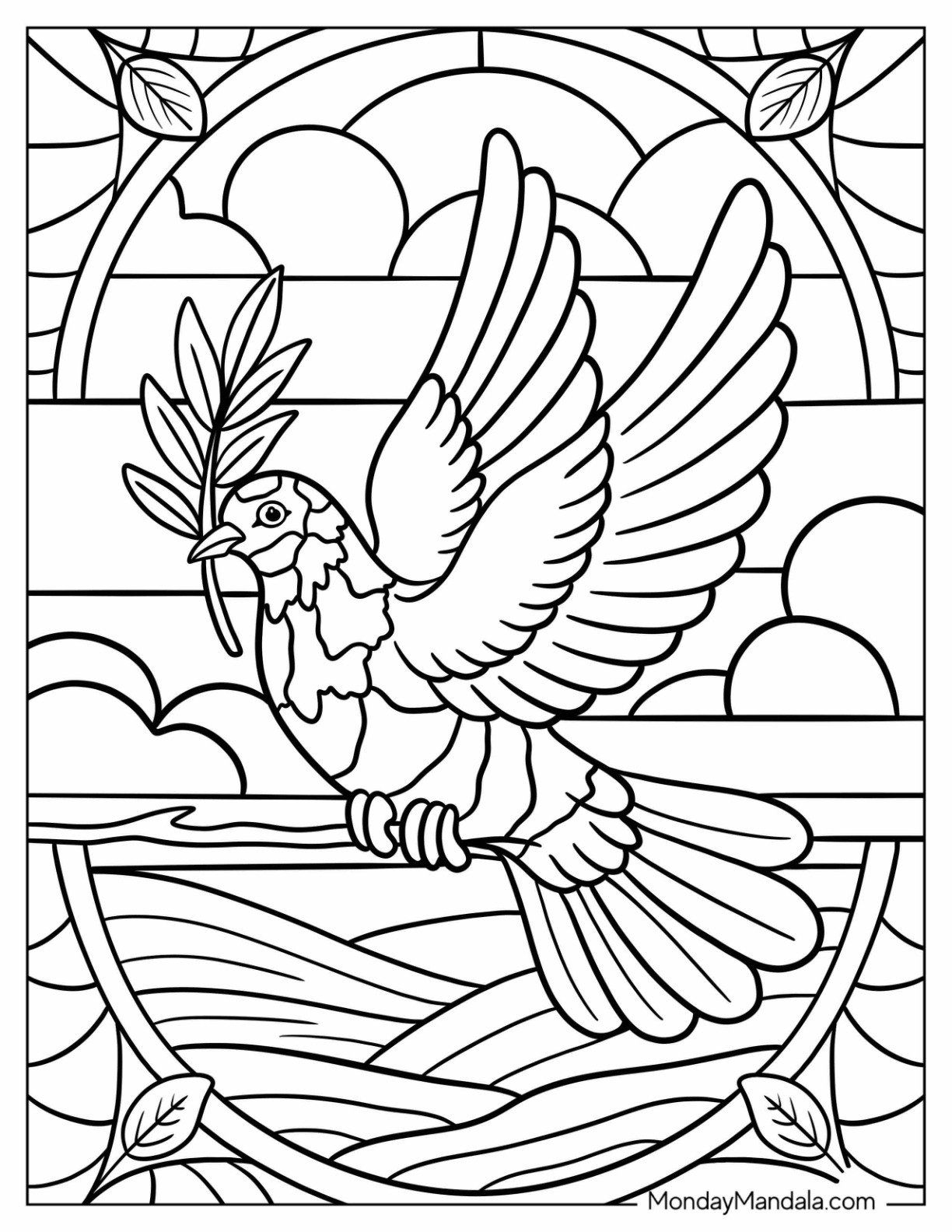 Graceful Dove Holding an Olive Branch Mid Flight Against a Sunset Sky Stained Glass Coloring Page for Kids