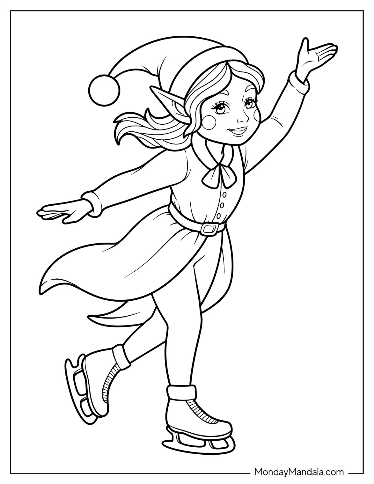 Graceful Girl Elf Coloring Page Skating in Winter Outfit For Kids