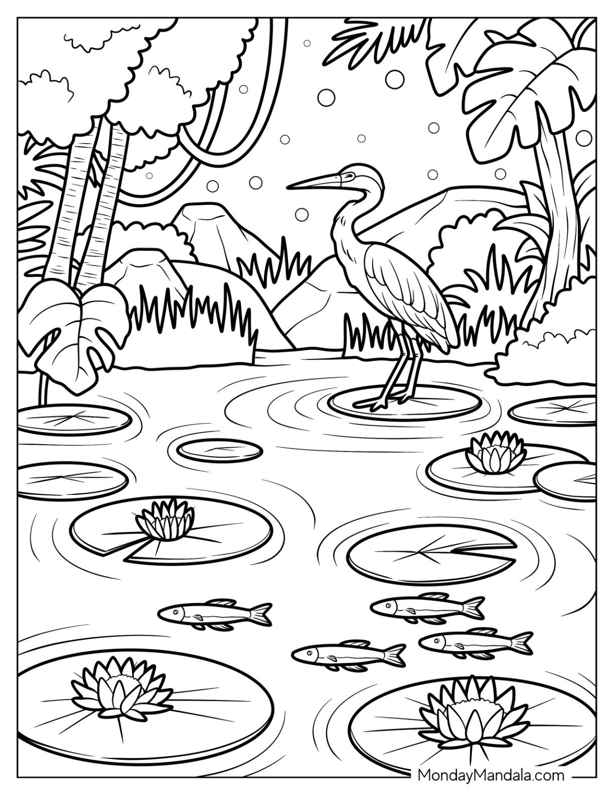 Graceful Heron Standing in a Lily Pad Pond in the Jungle Coloring Page