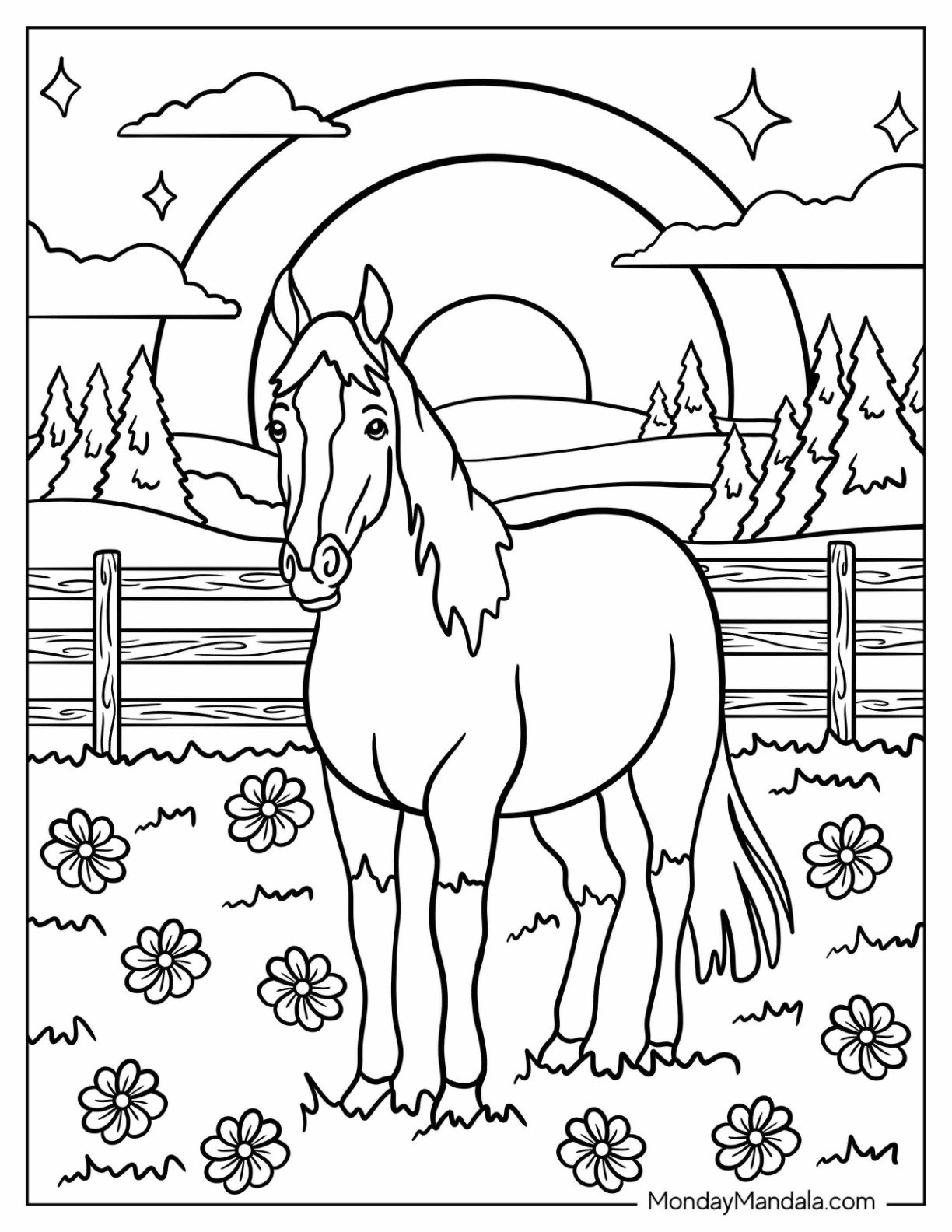 Farm Animal Coloring Page of Graceful Horse Standing in Fenced Meadow with Sunrise