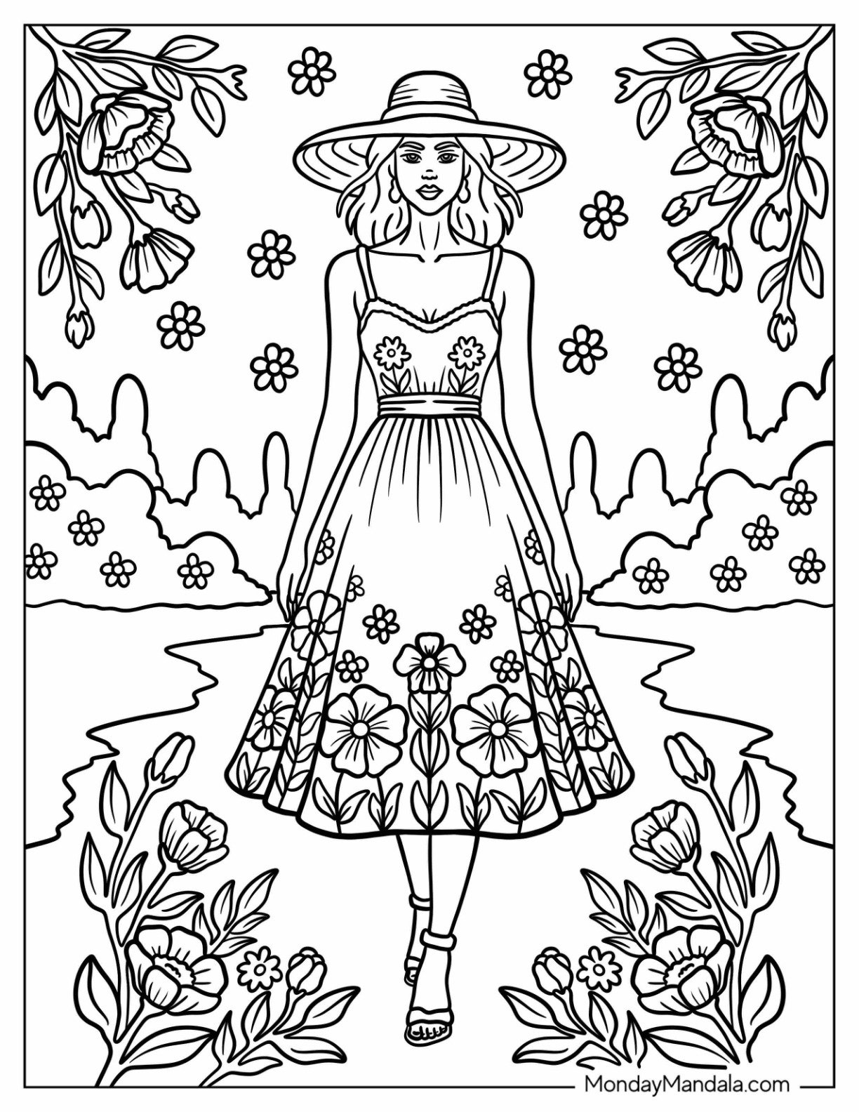 Fashion Coloring Page of Graceful Lady in a Floral Sundress and Wide Brimmed Hat Strolling Through a Garden