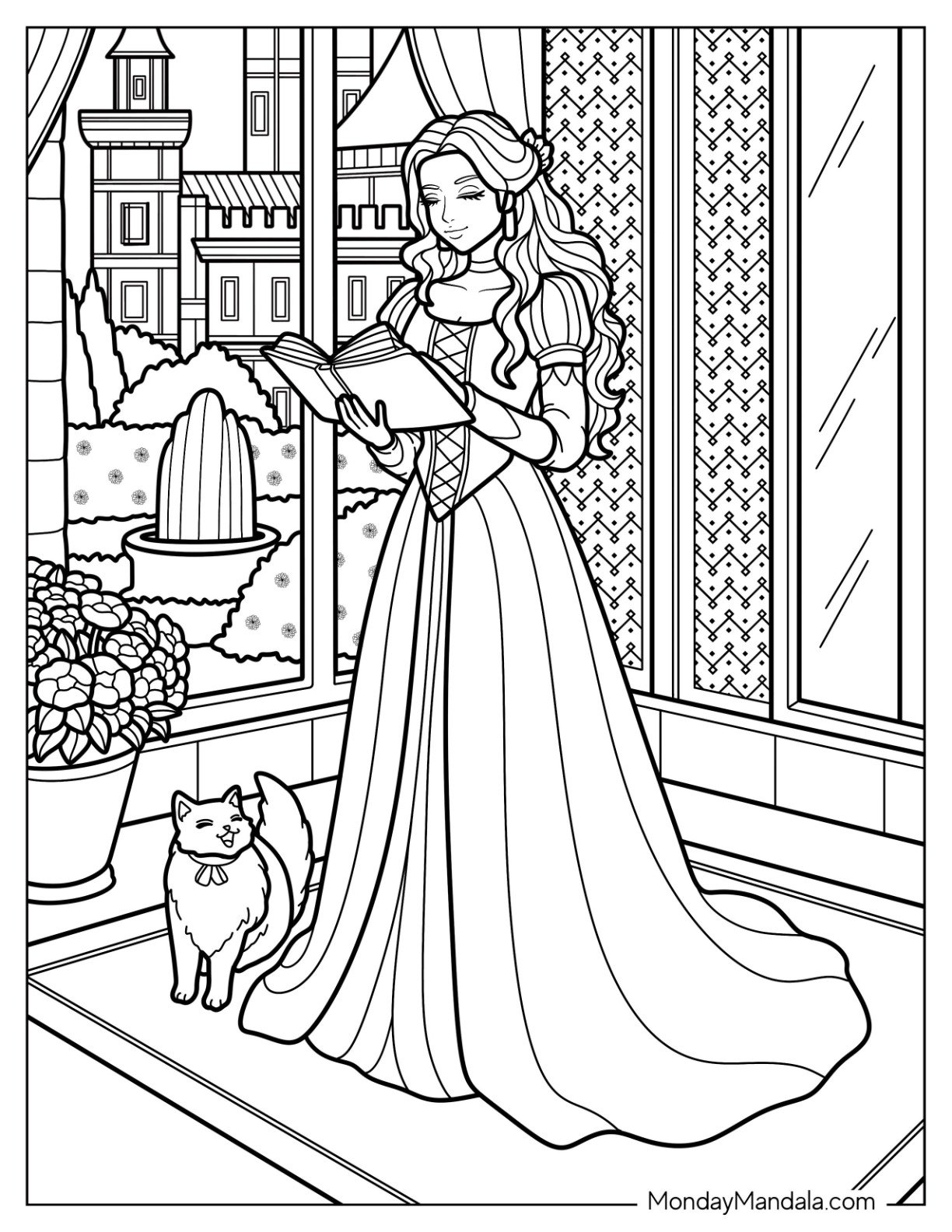 Graceful Princess Coloring Page Standing with Cat While Reading in Castle