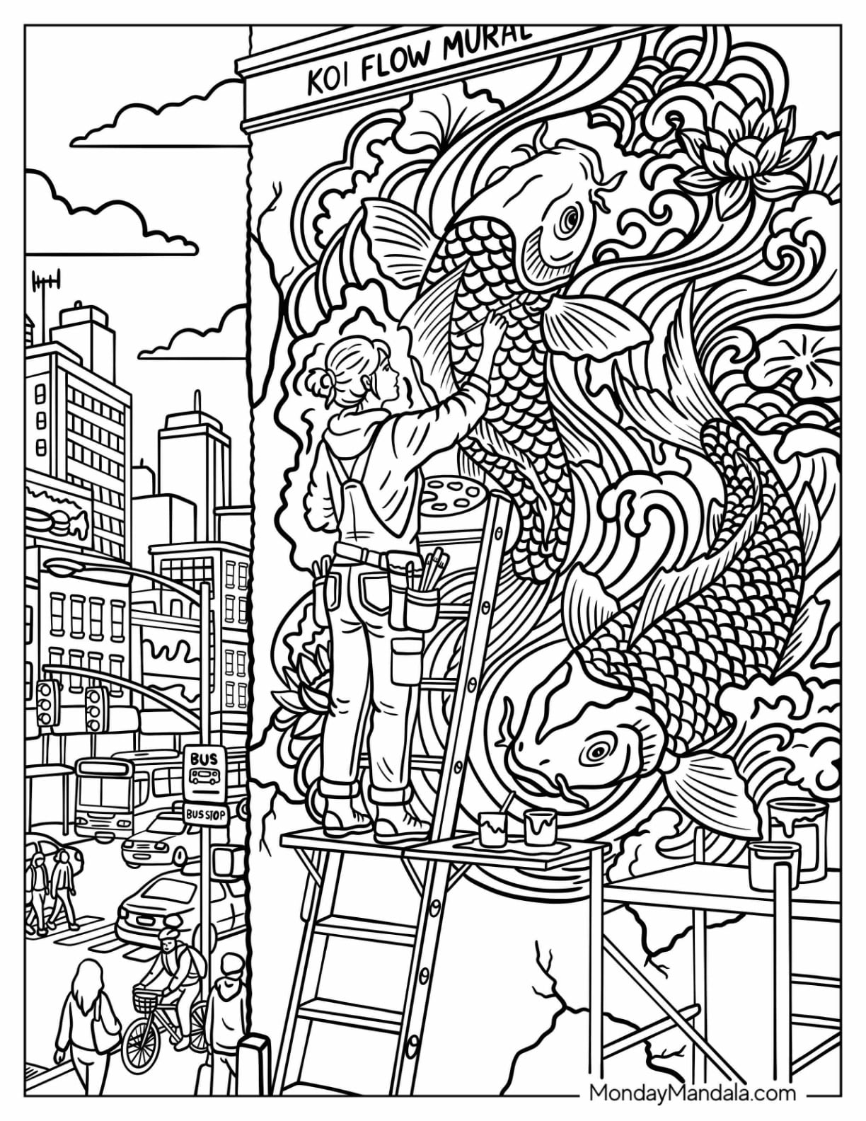 Graffiti Artist Painting a Koi Fish Mural on a City Wall Coloring Page