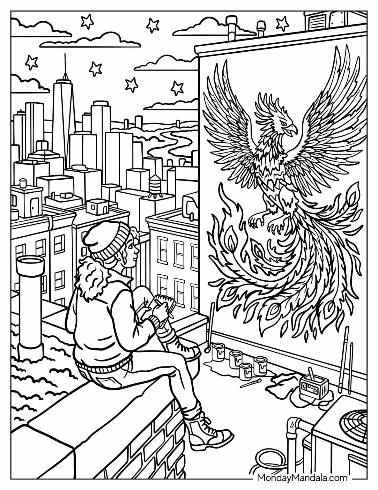 Graffiti Artist Painting a Phoenix Mural on a City Rooftop