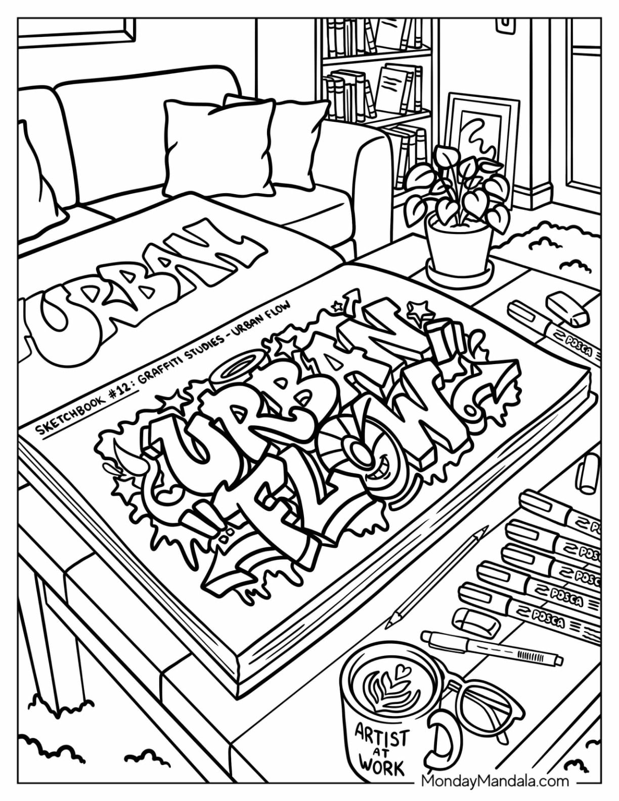 Graffiti Artist Sketchbook with Wildstyle Lettering and Art Supplies Coloring Page