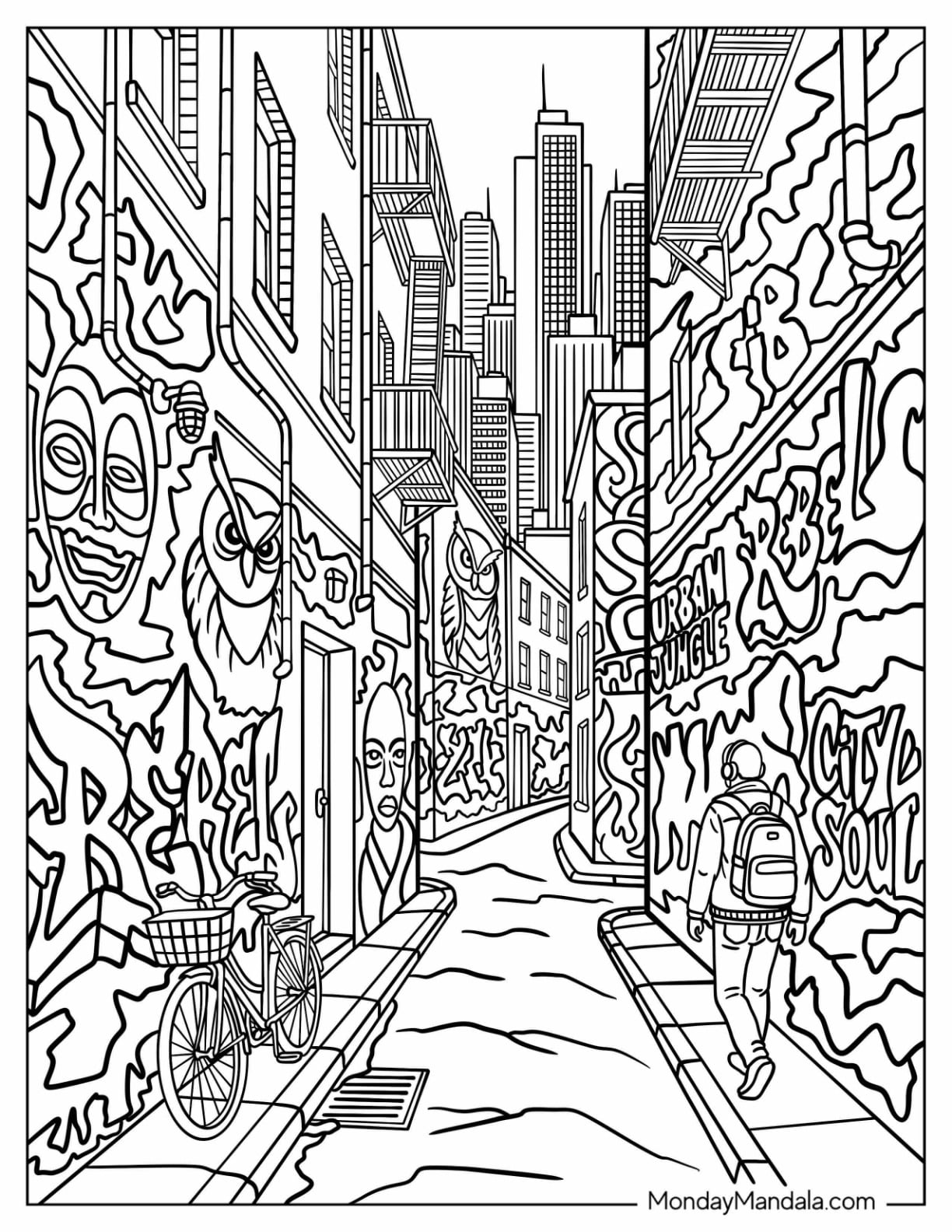 Graffiti Covered City Street with Skyscrapers and Bicycle Coloring Page