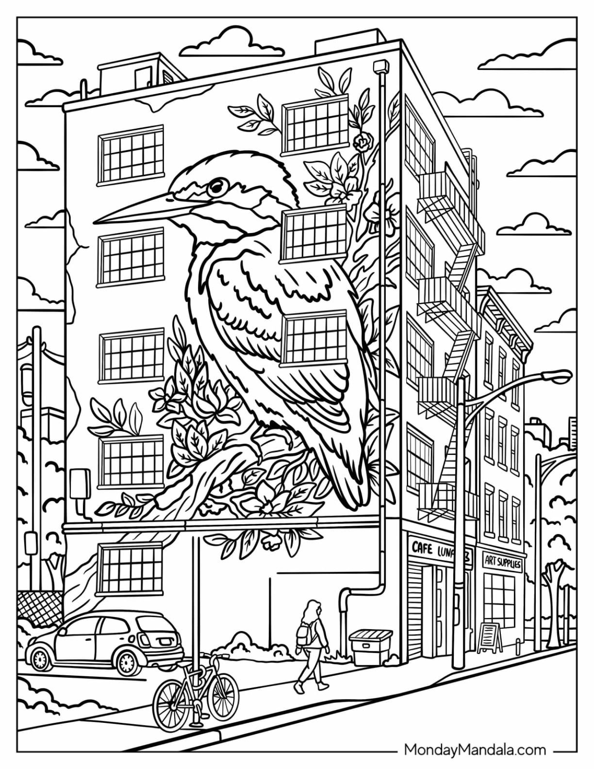 Graffiti Mural of a Heron on a City Building Coloring Sheet