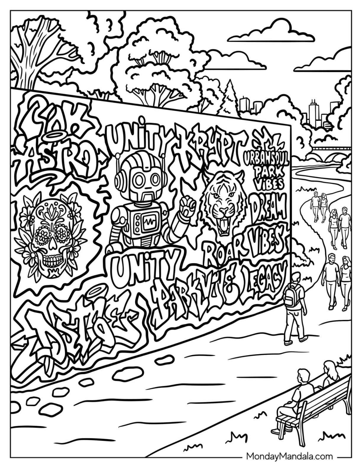 Graffiti Mural with Robot, Tiger, and Skull Artwork in a City Park Coloring Sheet