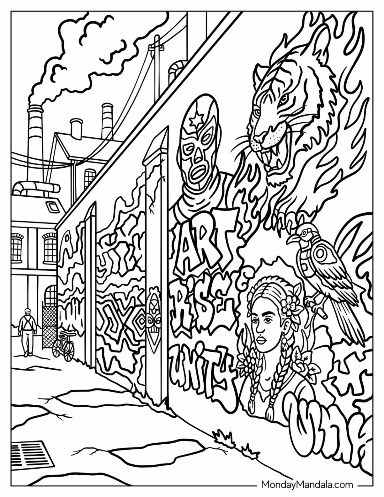 Graffiti Mural with Tiger, Parrot, and Portrait on a City Wall Coloring Page