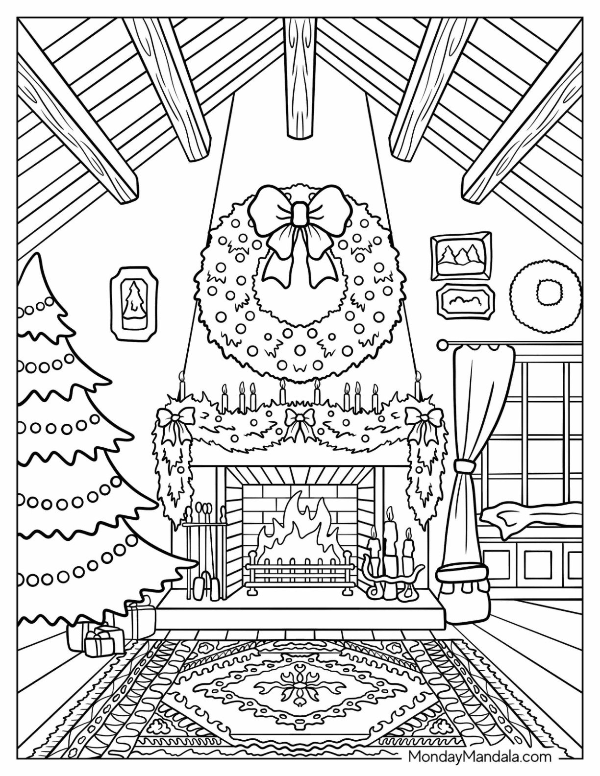 Grand Christmas Fireplace With Tree And Garlands Coloring Page