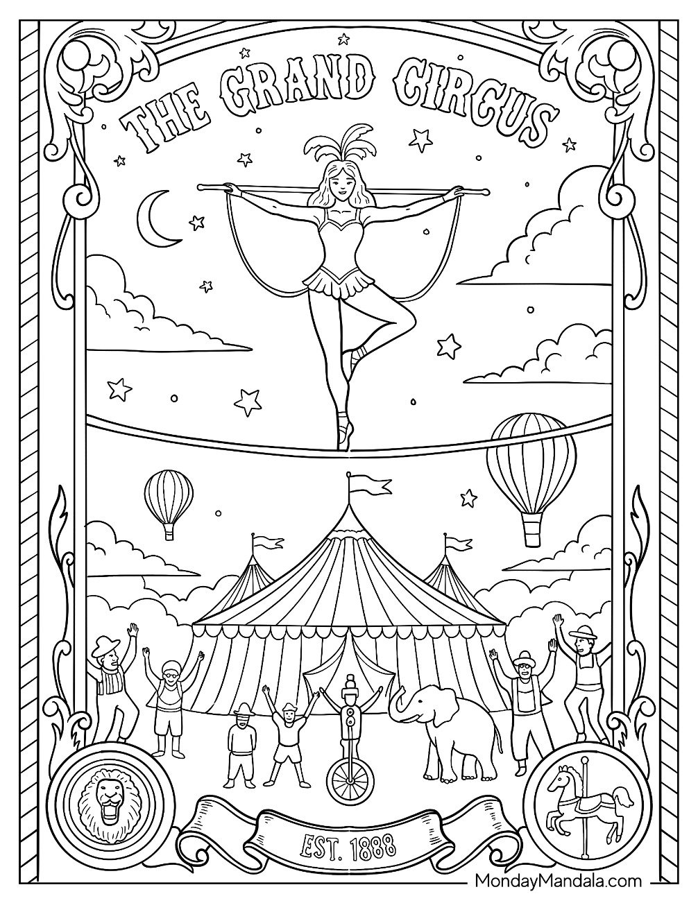 Grand Circus & Carnival Coloring Page of Tightrope Performer Balancing Above The Big Top