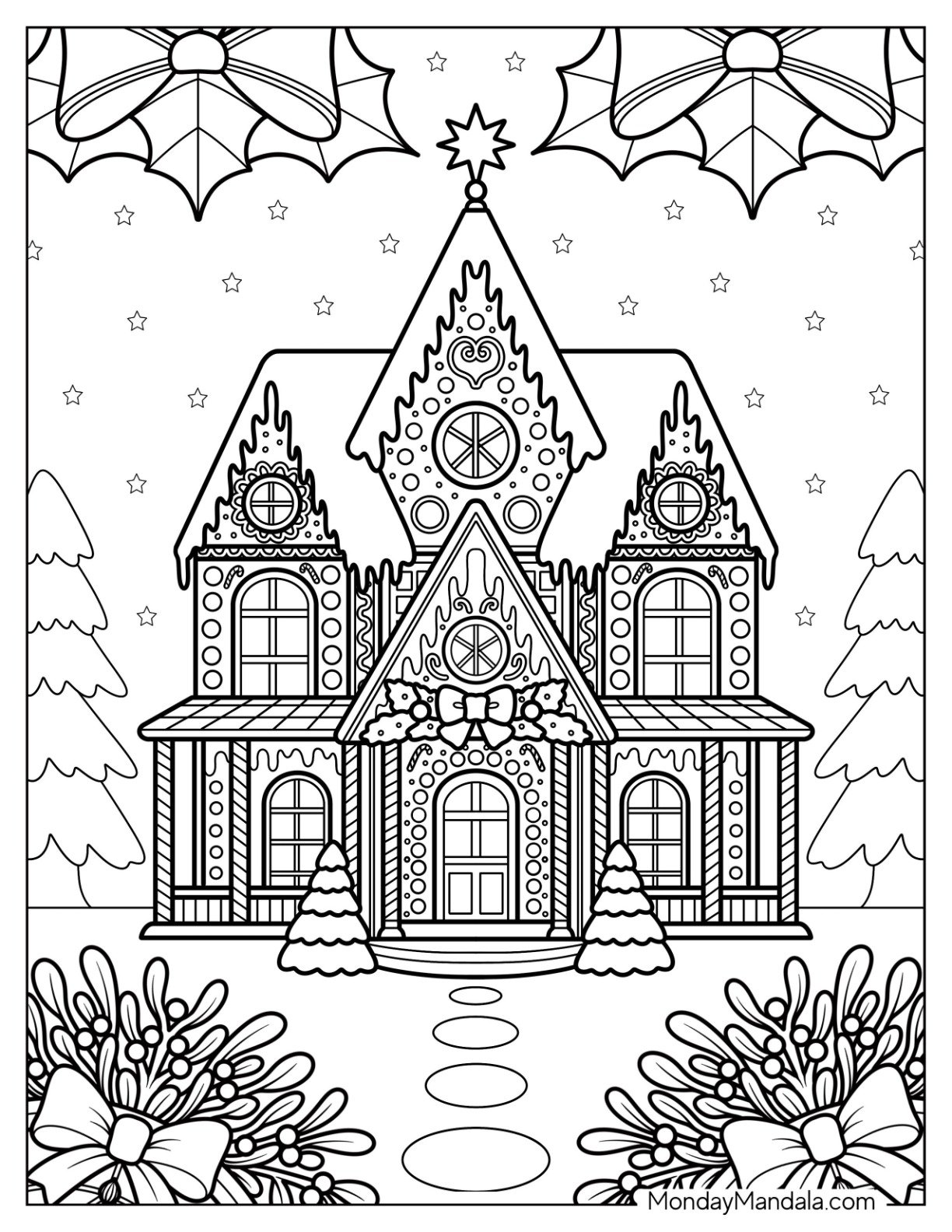 Grand Gingerbread House Coloring Page with Winter Ornaments and Frosted Roof