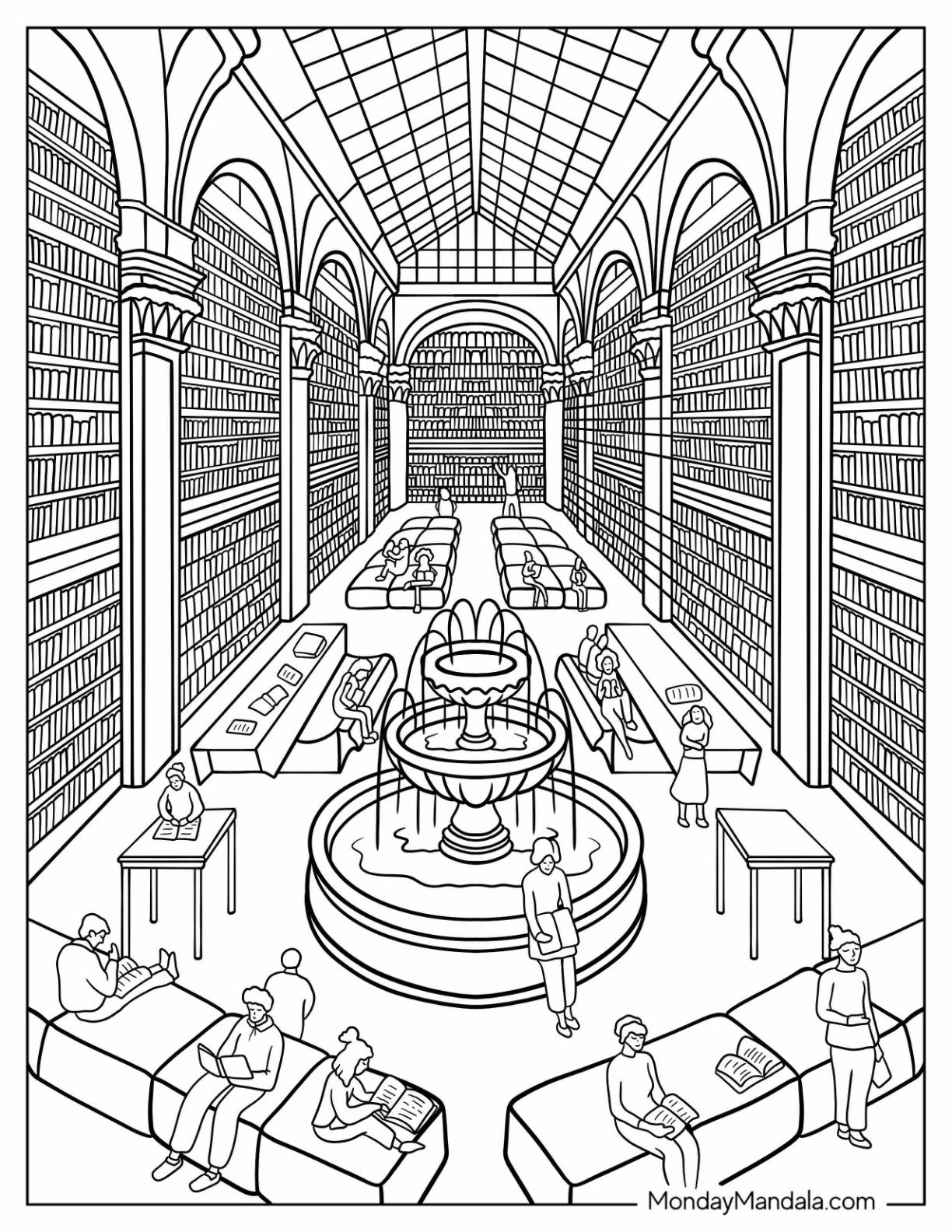Grand Library Coloring Page Interior with Arched Ceilings, Reading Benches, and Central Fountain
