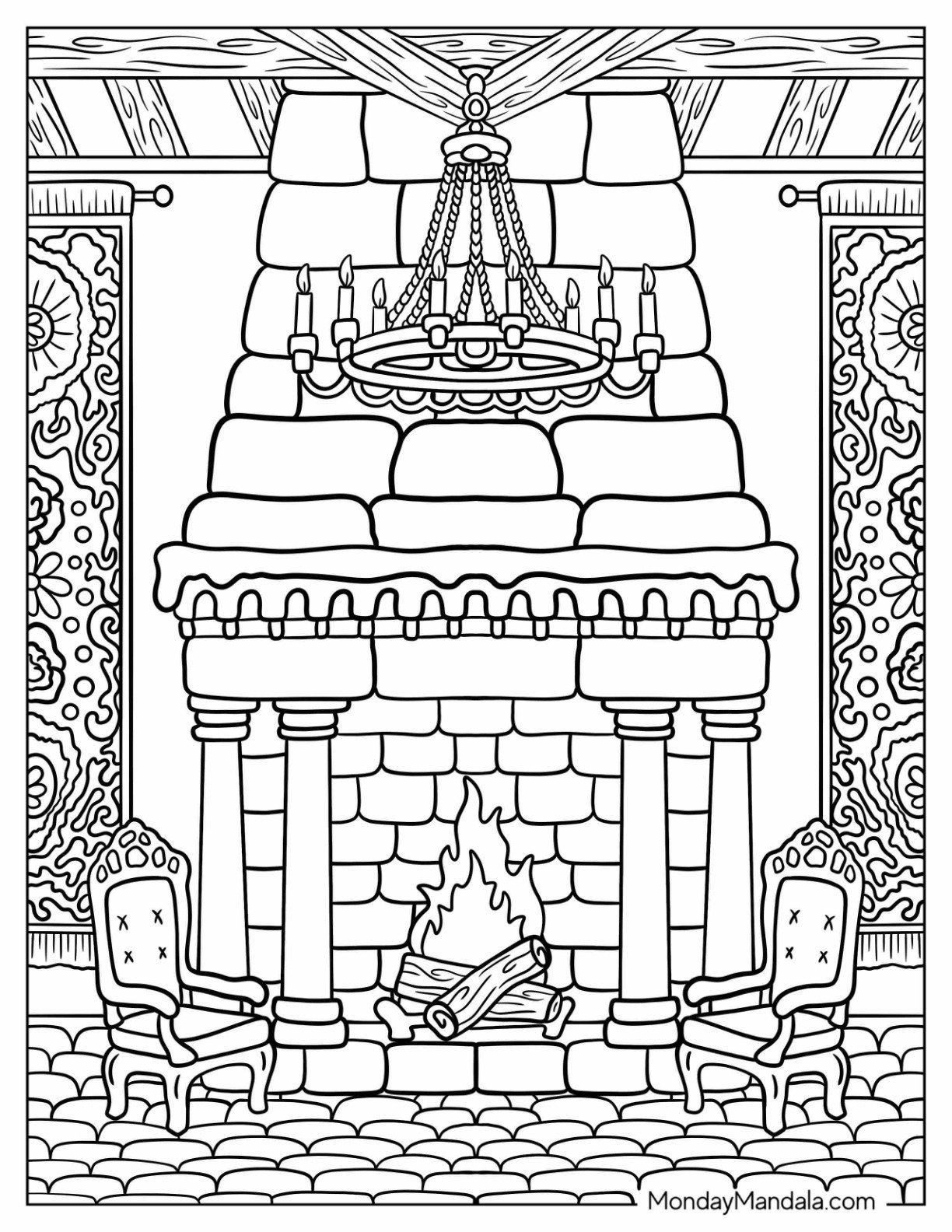 Grand Medieval Fireplace Coloring Page With Chandelier Overhead
