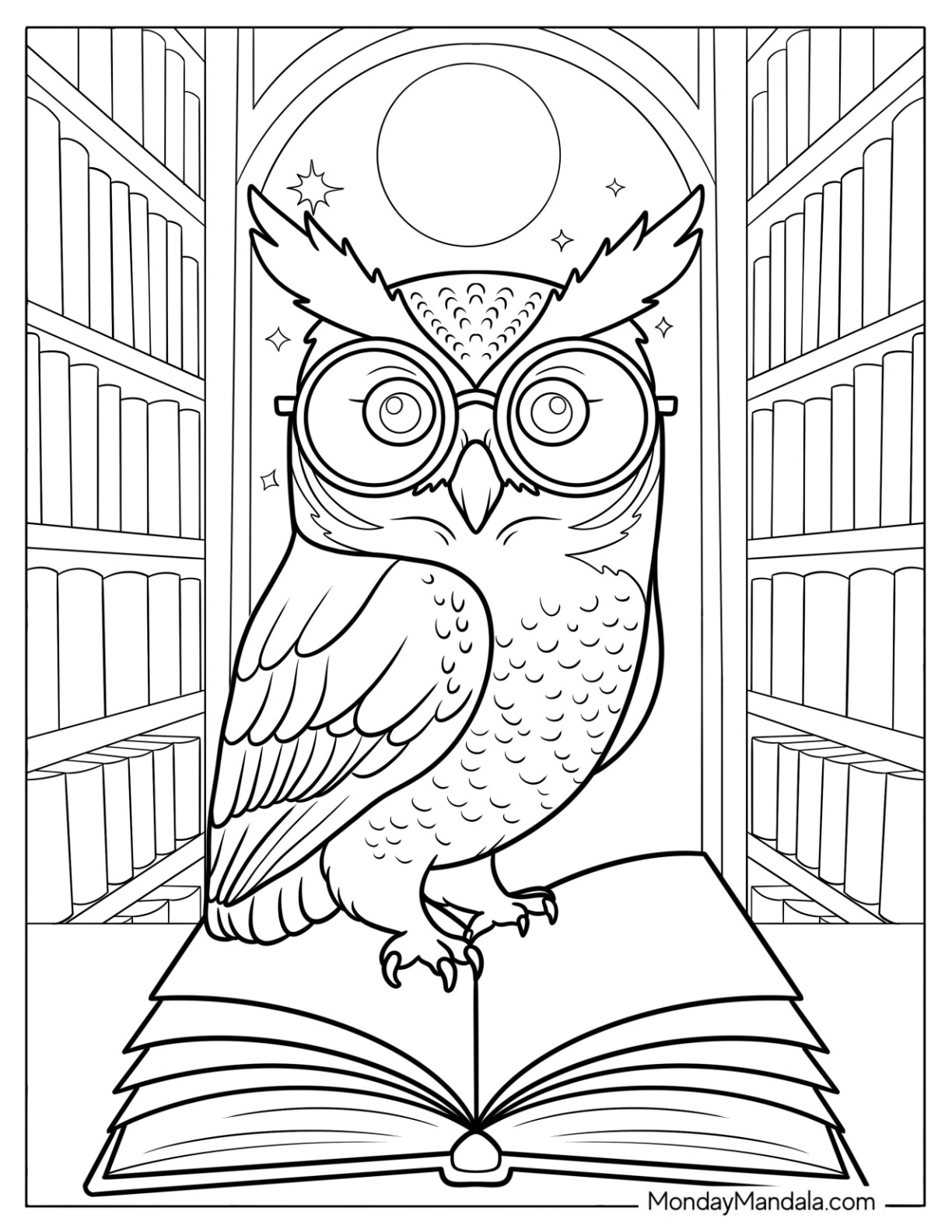 Grandfather Owl Coloring Page with Glasses Standing on a Book in a Library