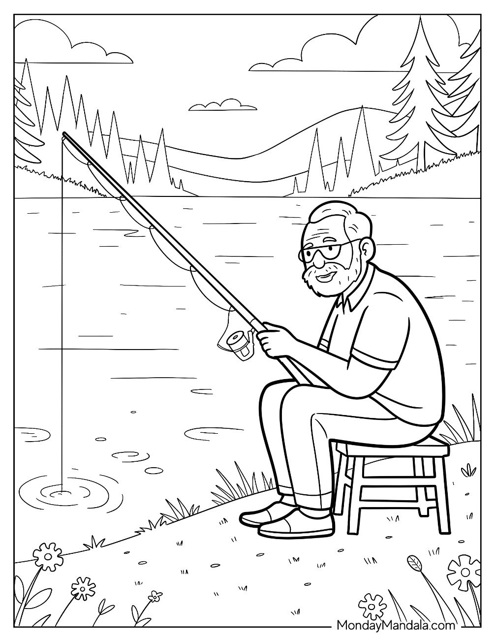 People Coloring Page of Grandfather Sitting On A Chair While Fishing