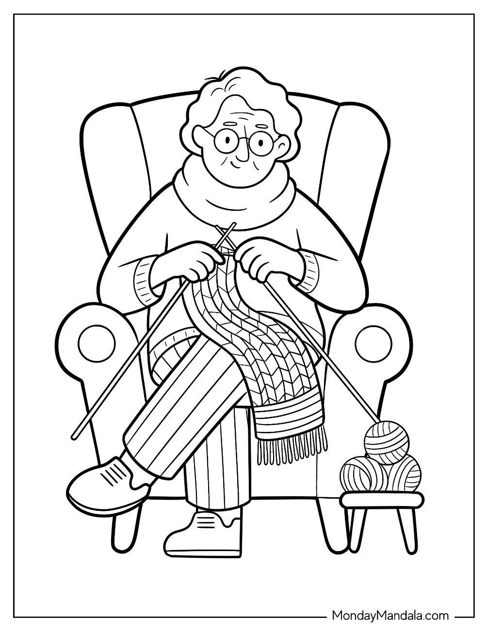 People Coloring Page of Grandma Sitting In An Armchair Knitting