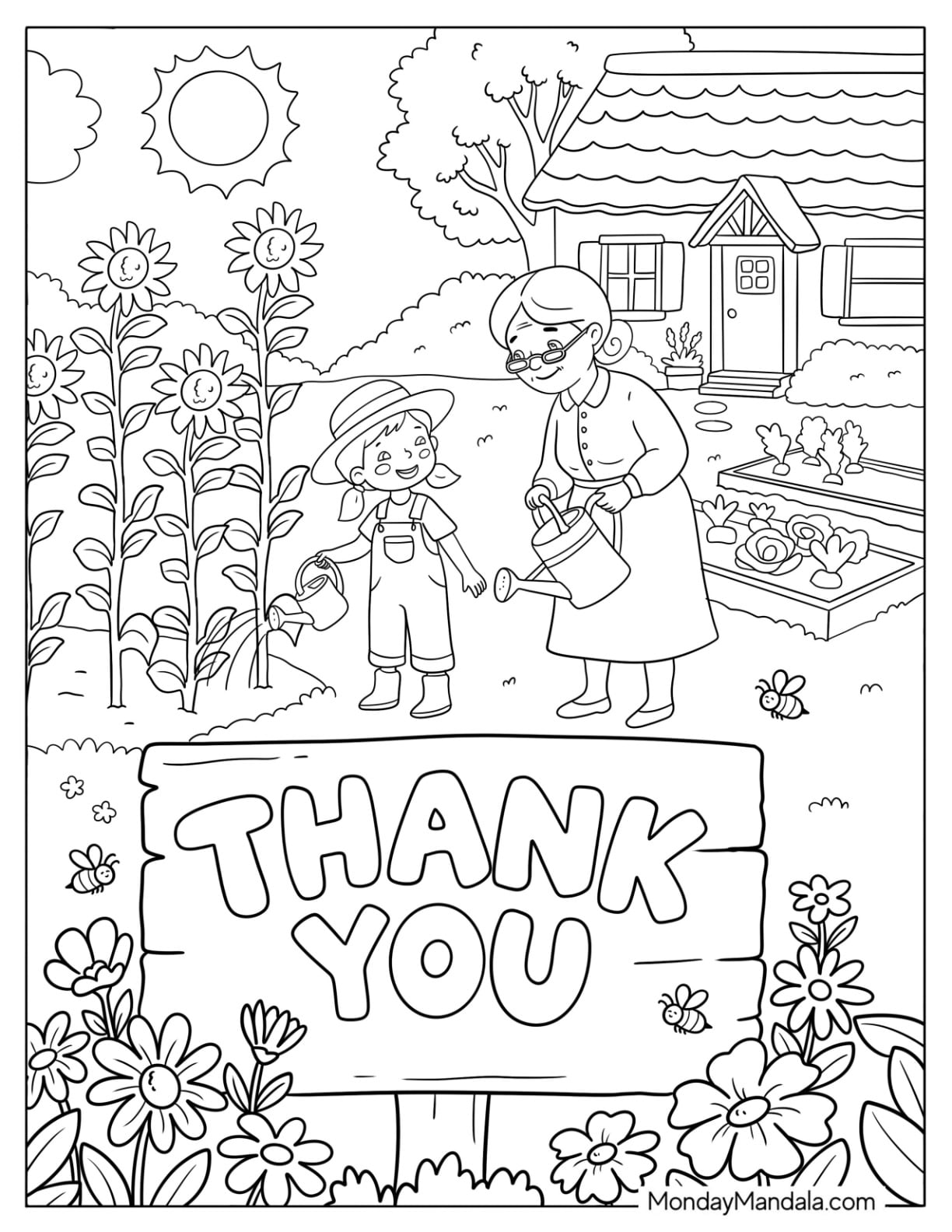 Grandmother Helping Girl with Thank You Sign Coloring Page