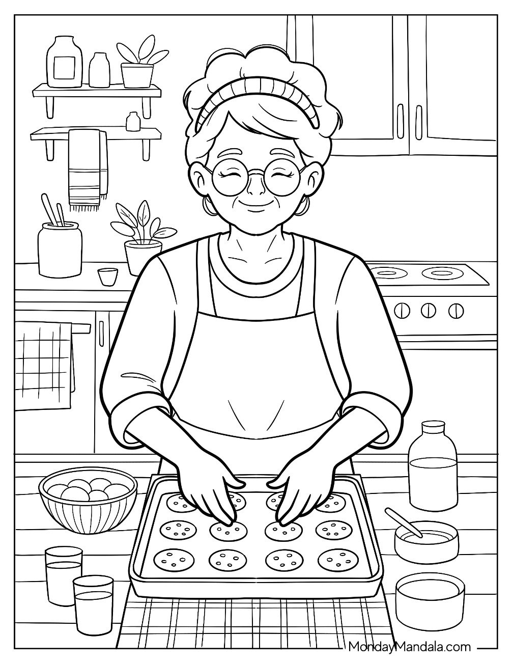 People Coloring Page of Grandmother In The Kitchen Baking Cookies