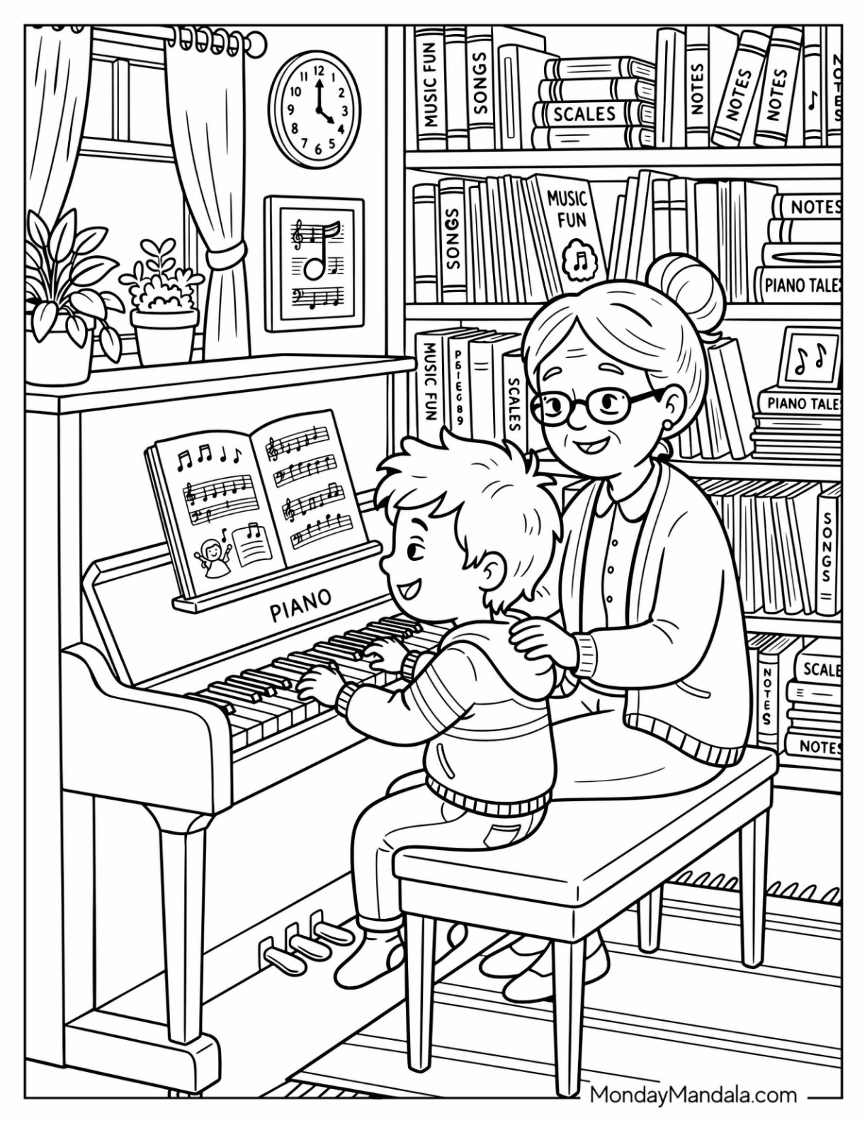 Grandmother Teaching a Child to Play Piano Music Coloring Page