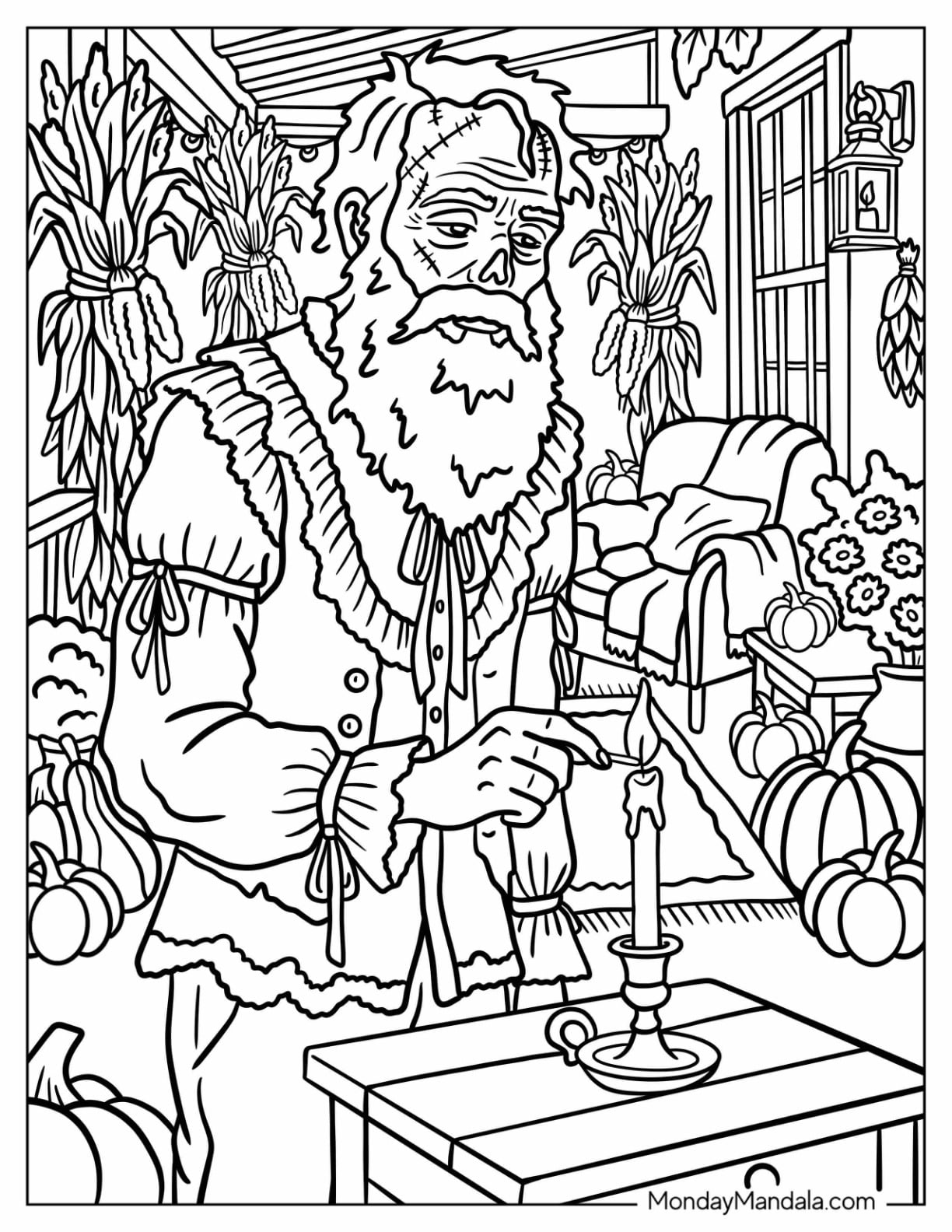 Grandpa Zombie Lighting a Candle Coloring Sheet