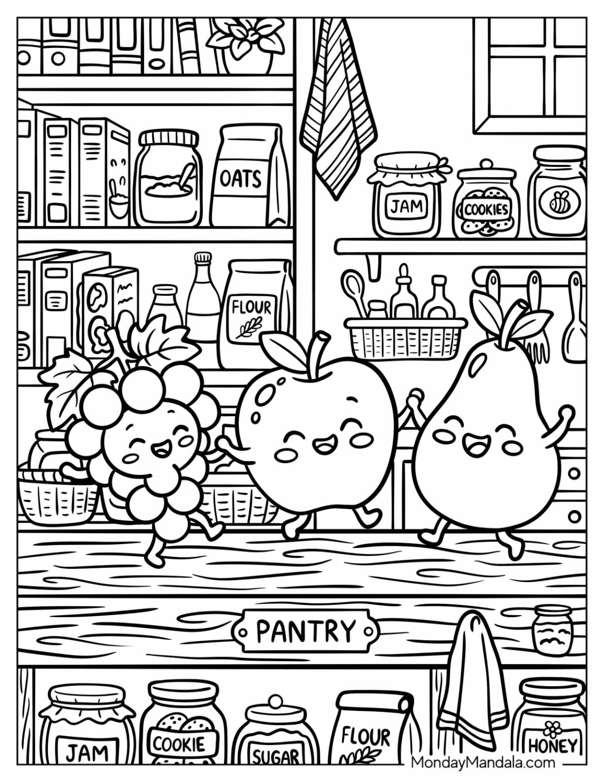 Grapes, Pear, and Apple Dancing Coloring Sheet
