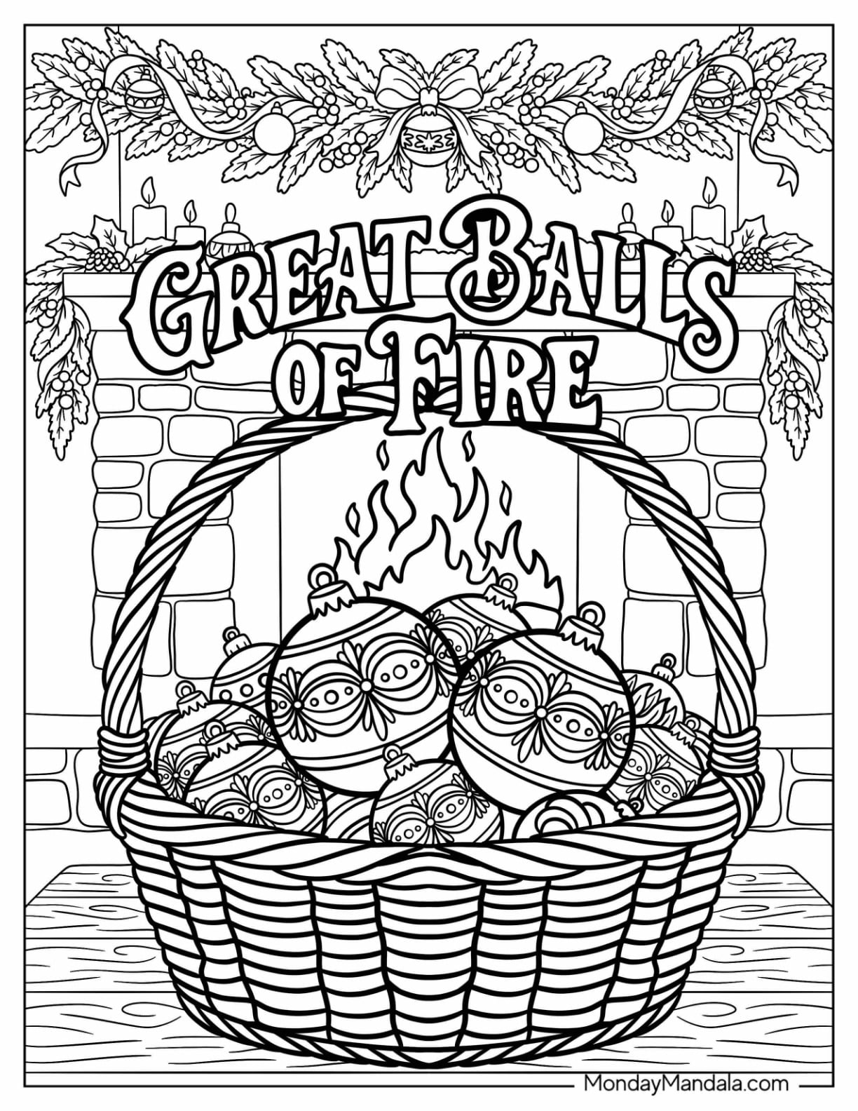 Great Balls of Fire in a Wicker Basket Christmas Coloring Page for Adults